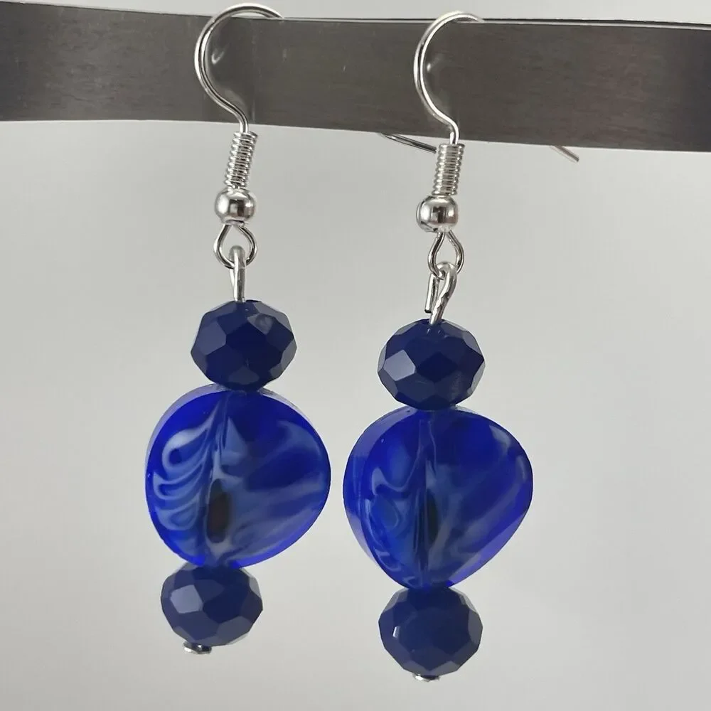 Artisan Hand Crafted Blue Glass Dangle Earrings Boho Silver Tone Beautiful